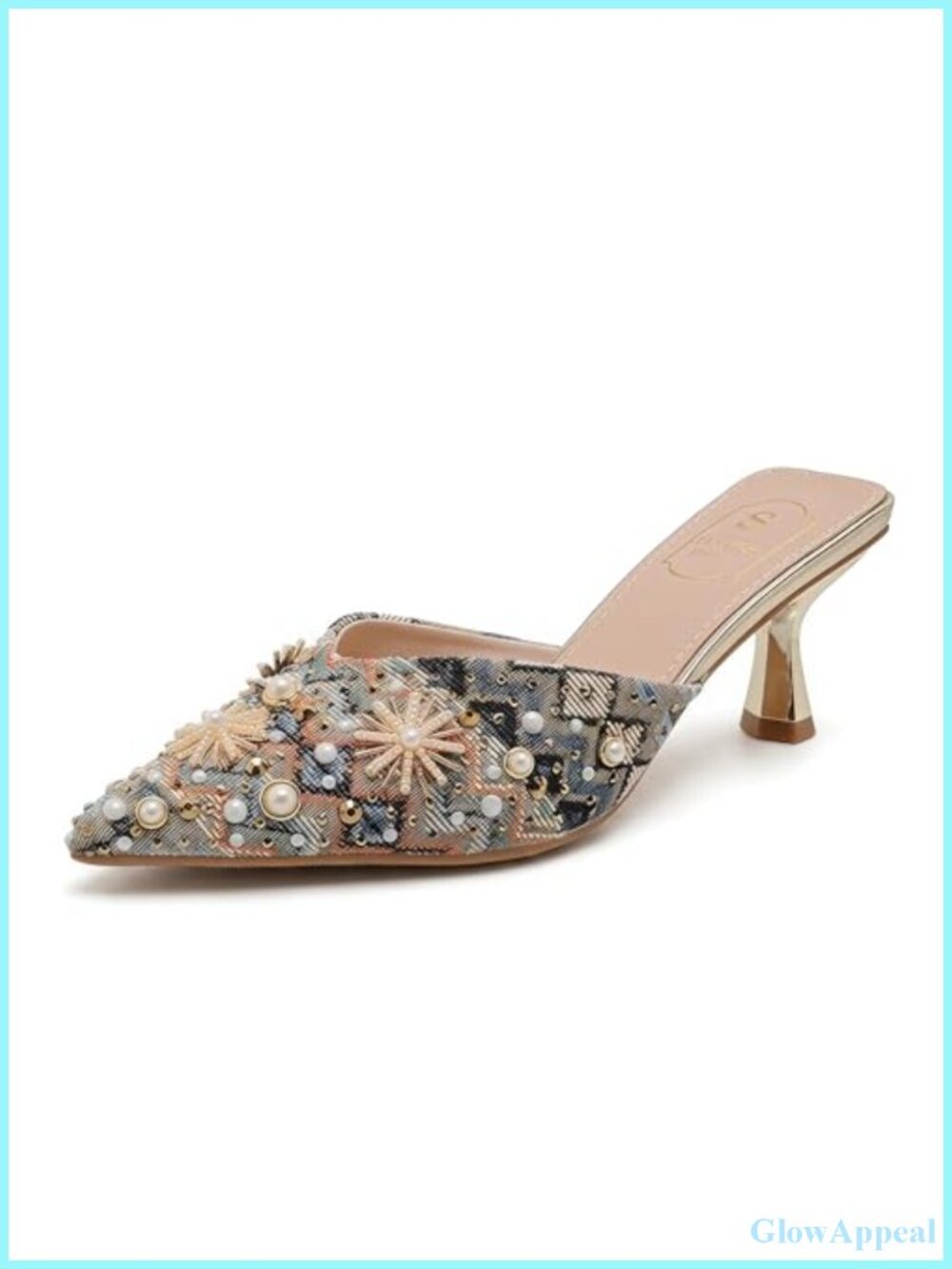 Women's Embroidered Pearl Low Heel Mules Pointed Toe Kitten Heel Sandals